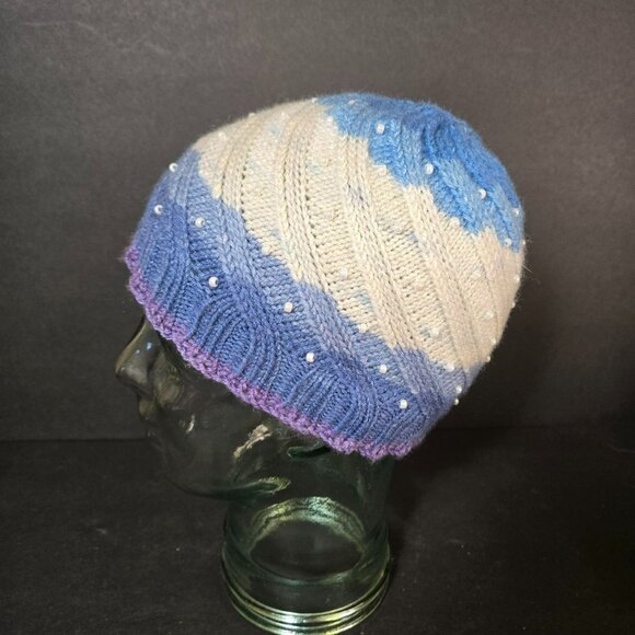 Handmade Knit Hat Blue Purple Faux Pearl Swirl Design Warm Winter Cap Wool Blend - Picture 5 of 7